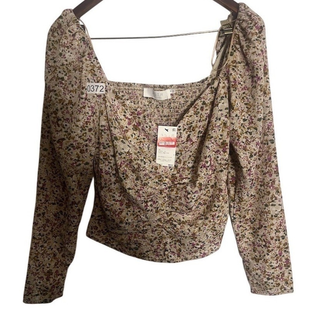 Astr Floral Square Neck Long Sleeve Blouse in Cream and Purple